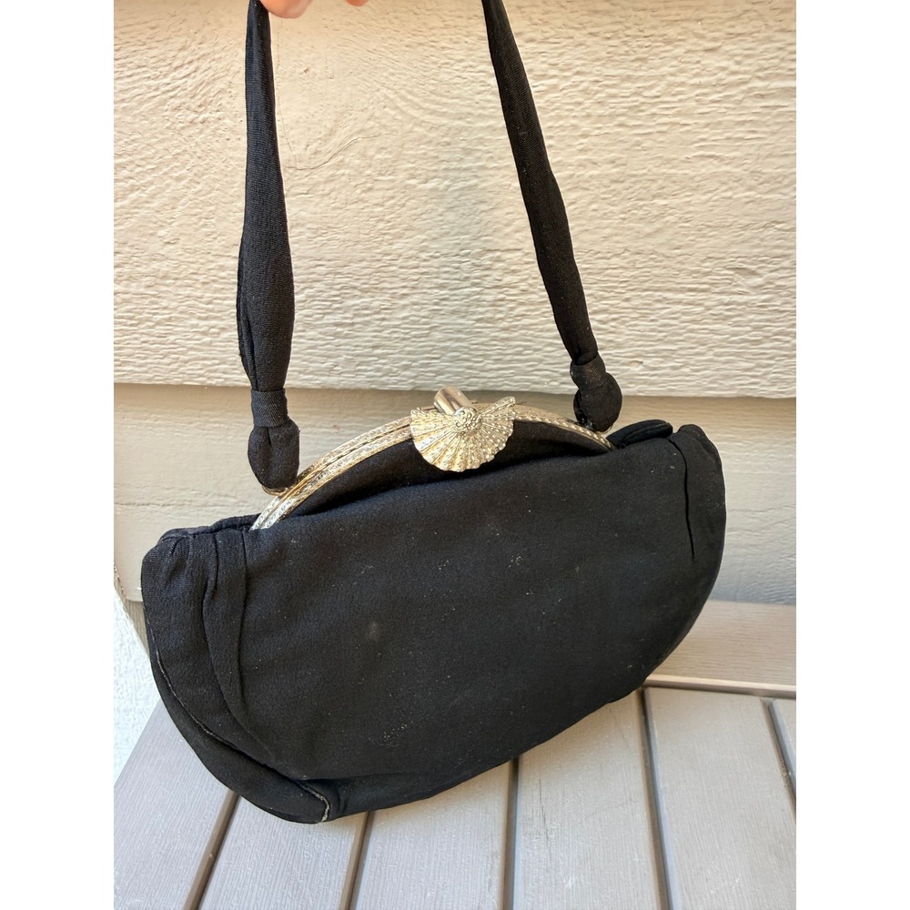 Vintage Black Fabric Handbag Silver Tone Fan Clasp Mid Century Evening Bag -BE - Picture 5 of 6